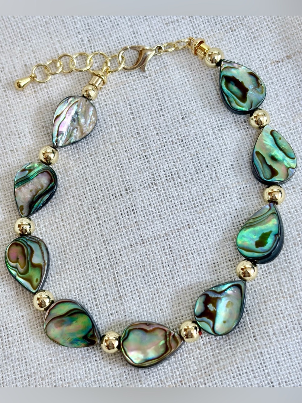Genuine abalone (paua shell)Bracelet.Iridescent teardrops,gold filled beads7.5”